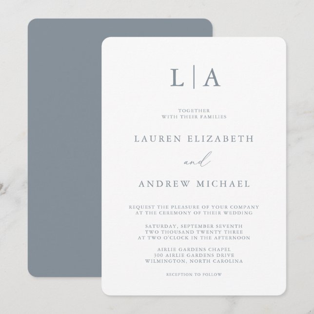 Dusty Blue Grey Monogram Simple Minimalist Wedding Invitation (Front/Back)