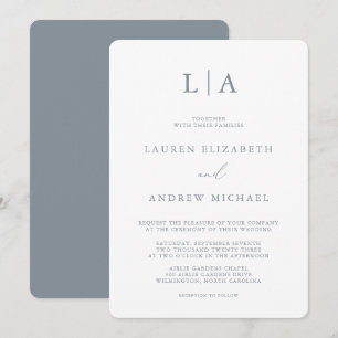 Dusty Blue Grey Monogram Simple Minimalist Wedding Invitation