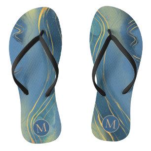 Dusty Blue Grey Monogram Wavy Gold Line Abstract Jandals