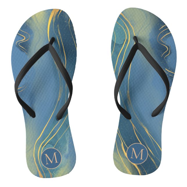 Dusty Blue Grey Monogram Wavy Gold Line Abstract Jandals (Footbed)