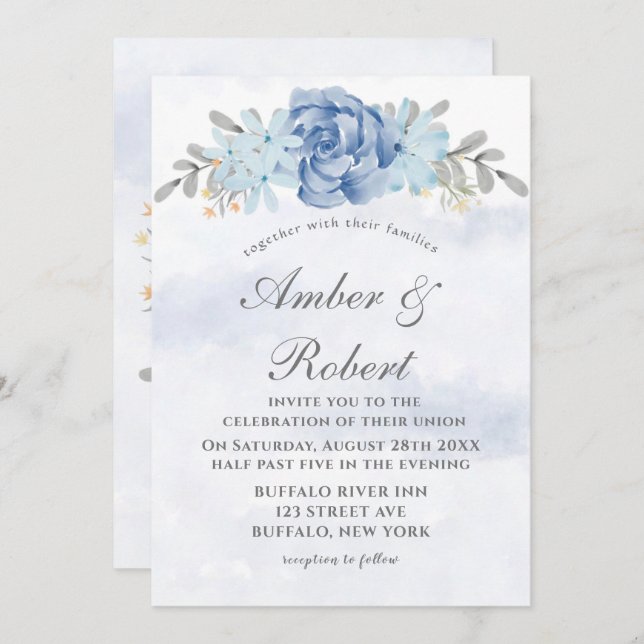 Dusty Blue Grey Painted Peony Wedding Invitations (Front/Back)