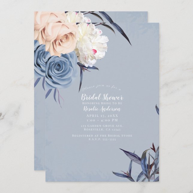 Dusty Blue Grey & Peach Floral Bridal Shower Invitation (Front/Back)