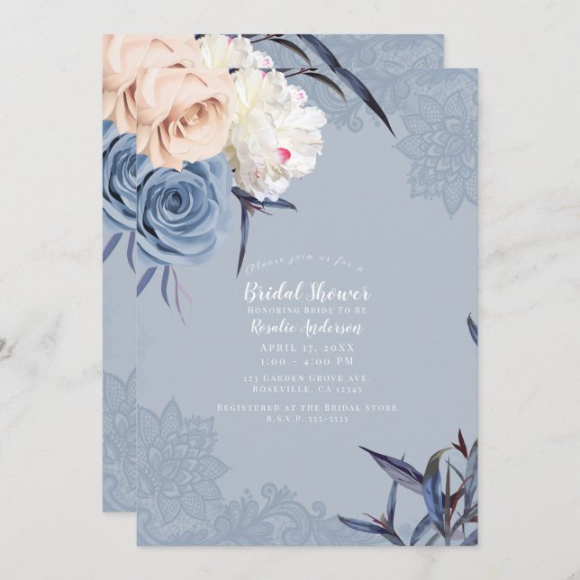 Dusty Blue Grey & Peach Floral Lace Bridal Shower Invitation (Front/Back)
