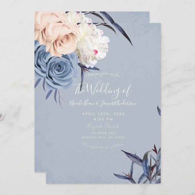 Dusty Blue Grey & Peach Floral Wedding Invitation (Front/Back)