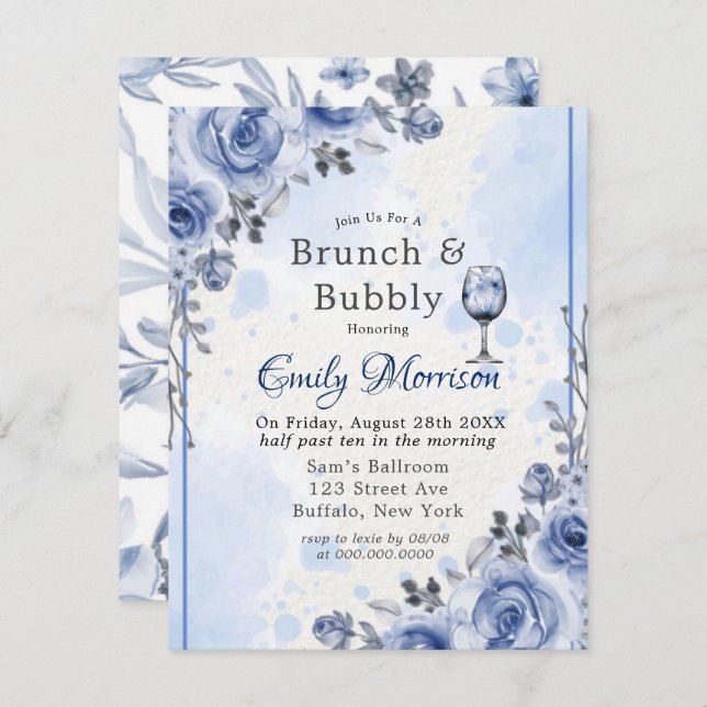 Dusty Blue Grey Peony Brunch & Bubbly Invitation (Front/Back)