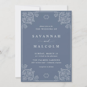 Dusty Blue Grey   Vintage Ornate Classic Wedding I Invitation