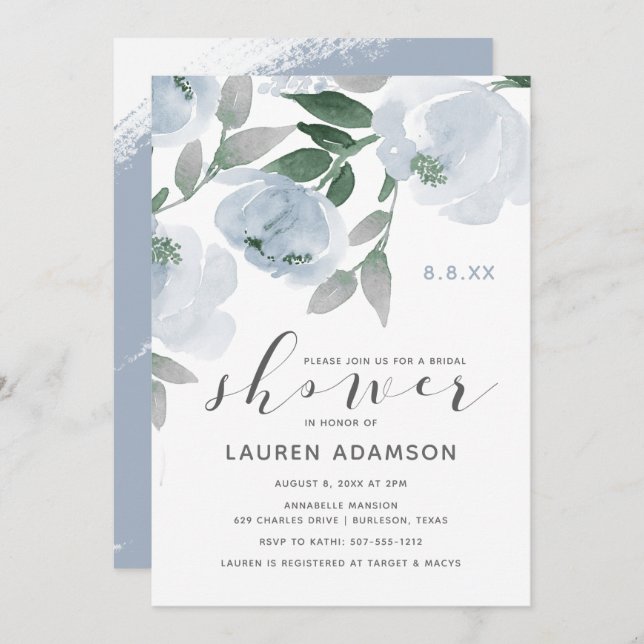 Dusty Blue & Grey Watercolor Bridal Shower Invitation (Front/Back)