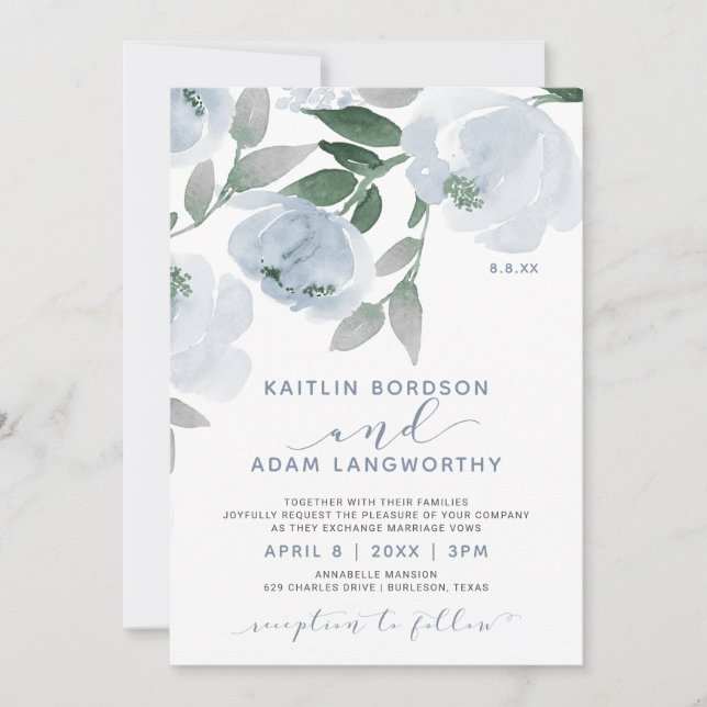 Dusty Blue Grey Watercolor Floral Wedding Invitation (Front)