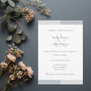 Dusty Blue Grey White Stripes Ampersand Wedding Invitation