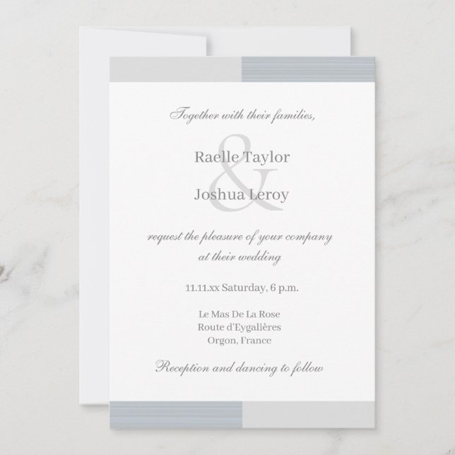 Dusty Blue Grey White Stripes Ampersand Wedding Invitation (Front)