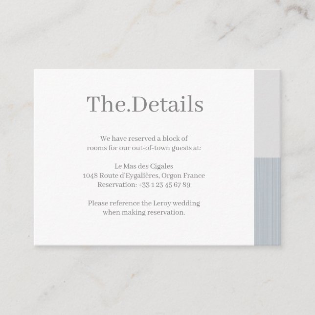Dusty Blue Grey White Stripes Wedding Hotel Detail Enclosure Card (Front)