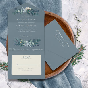 Dusty Blue Grey Winter Floral Wedding All In One Invitation