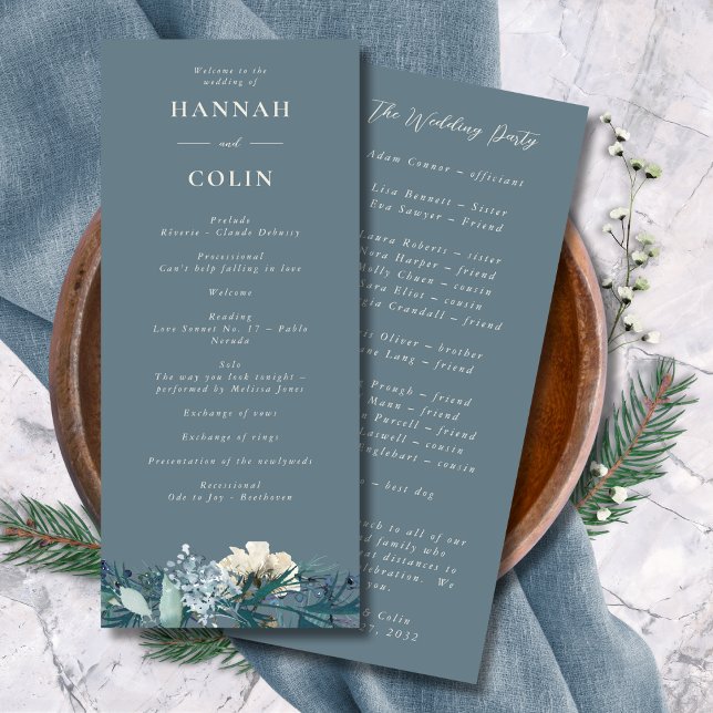 Dusty Blue Grey Winter Floral Wedding Programme (Creator Uploaded)