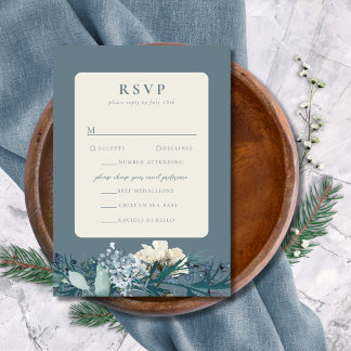 Dusty Blue Grey Winter Floral Wedding RSVP Card