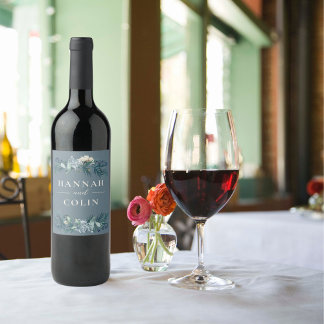 Dusty Blue Grey Winter Floral Wedding Wine Label