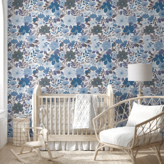Dusty Blue & Grey Winter Sky Floral Garden Wallpaper
