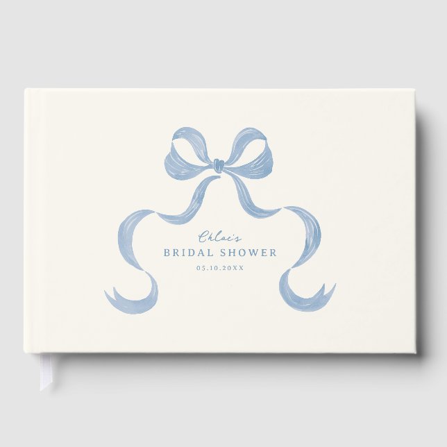 Dusty Blue Hand Drawn Bow Bridal Shower Guest Book (Front)
