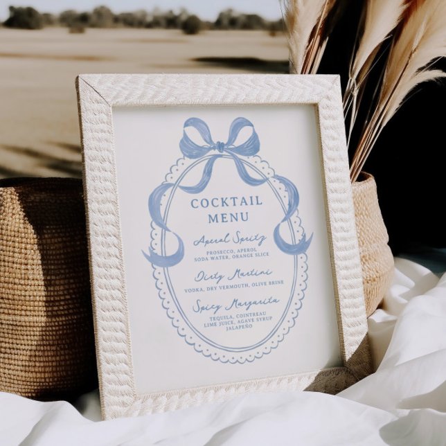 Dusty Blue Hand Drawn Bow Frame Cocktail Menu Poster (Creator Uploaded)