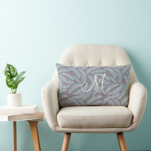 Dusty Blue Hand-drawn Christmas Pine Tree Leaf  Lumbar Cushion