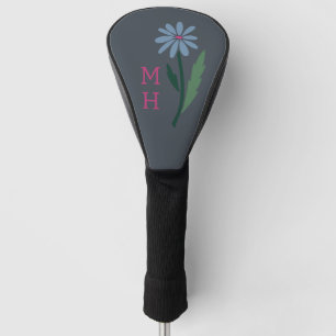 Dusty Blue Hand Drawn Daisy Monogram Dark Gray Golf Head Cover