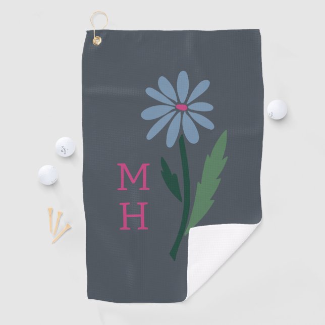 Dusty Blue Hand Drawn Daisy Monogram Dark Gray Golf Towel (InSitu)