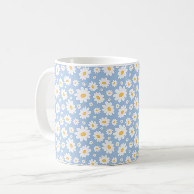Dusty Blue Hand Drawn Daisy Pattern Coffee Mug (Front Left)