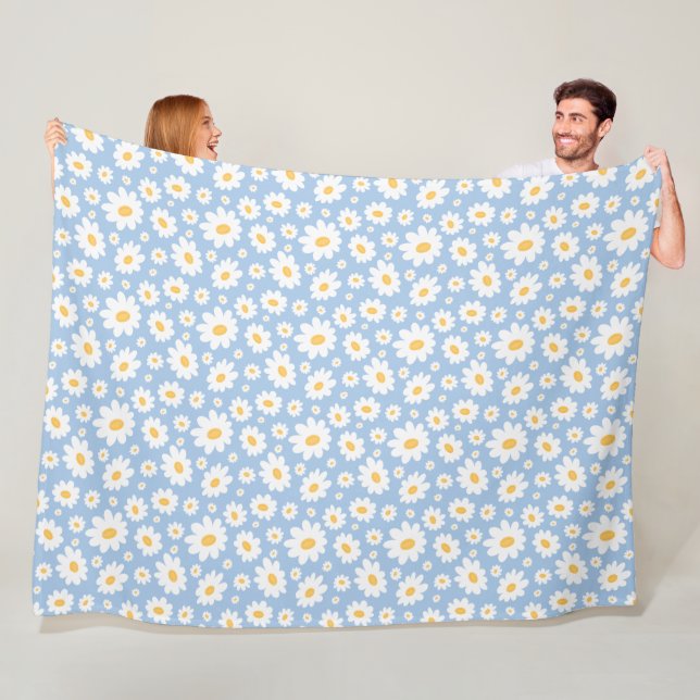 Dusty Blue Hand Drawn Daisy Pattern Fleece Blanket (In Situ)
