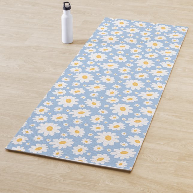 Dusty Blue Hand Drawn Daisy Pattern Yoga Mat (In Situ)