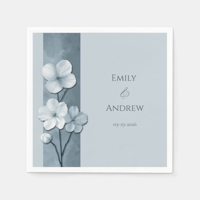 Dusty Blue Hand Drawn Floral Botanical Wedding Napkin (Front)