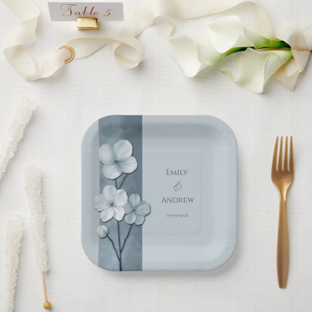 Dusty Blue Hand Drawn Floral Botanical Wedding Paper Plate (Wedding)