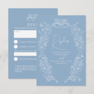 Dusty blue hand drawn leaf monogram RSVP wedding Card