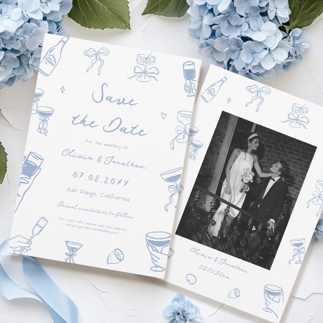 Dusty Blue Hand Drawn Wedding Save the Date Photo Invitation (Creator Uploaded)