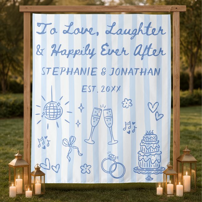 Dusty Blue Hand Drawn Whimsical Wedding Backdrop Tapestry (Creator Uploaded)