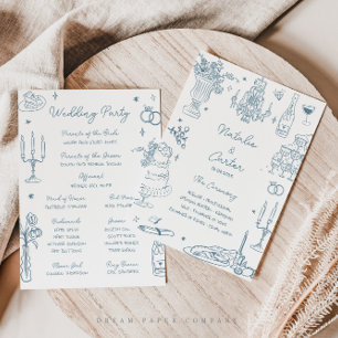 Dusty Blue Hand Drawn Whimsical Wedding Program Invitation