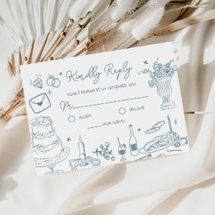 Dusty Blue Hand Drawn Whimsical Wedding RSVP Enclosure Card