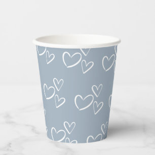 Dusty Blue Handdrawn Hearts Baby Shower Paper Cups