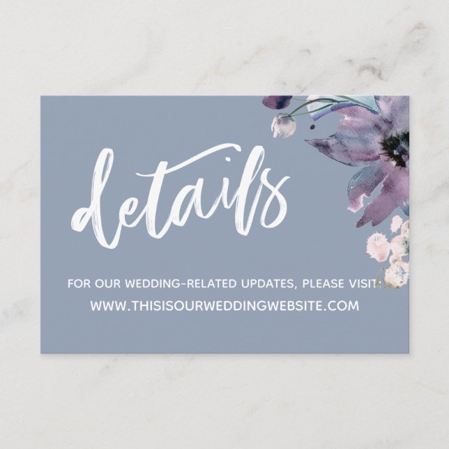 Dusty Blue Handwriting Floral Wedding Details Enclosure Card (Front)