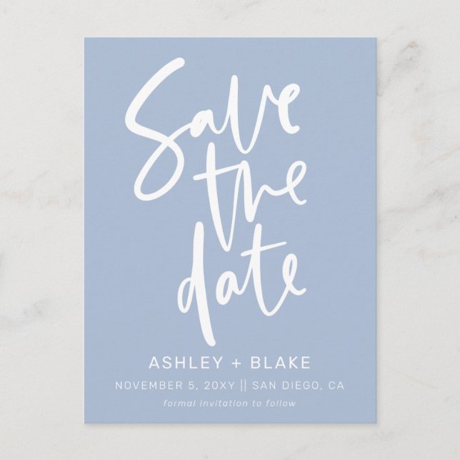 Dusty Blue Handwritten Calligraphy Save the Date Announcement Postcard (Front)