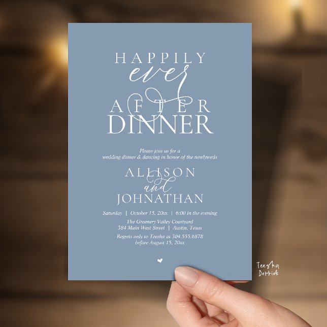 Dusty Blue Happily Ever After Dinner Wedding Invitation (Dusty Blue Happily Ever After Dinner Modern Script Wedding Invitation Card)