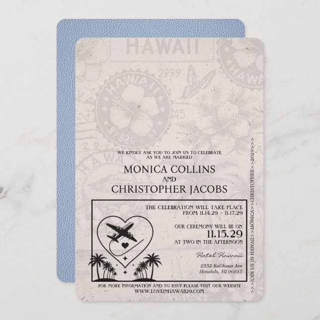 Dusty Blue Hawaii Passport Wedding Invitation (Front/Back)
