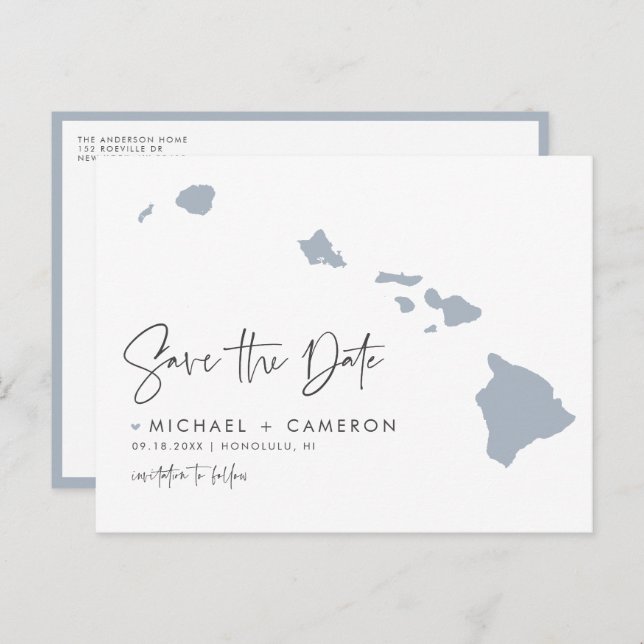 Dusty Blue Hawaii State Map QR Code Save the Date Announcement Postcard (Front/Back)