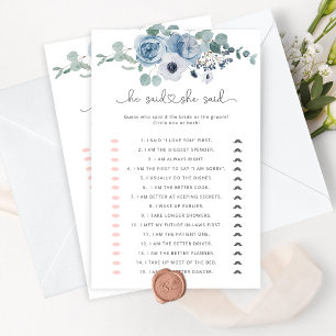 Dusty blue He said she said bridal shower game