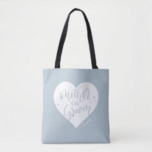 Dusty blue heart & script mother of the groom tote bag