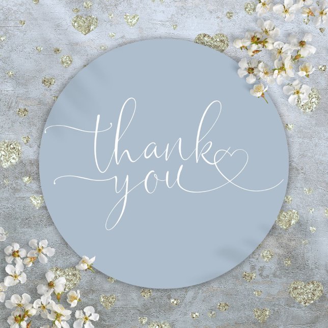 Dusty Blue Heart Script Thank You Classic Round Sticker (Dusty Blue Heart Script Thank You Classic Round Sticker)