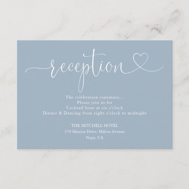 Dusty Blue Heart Script Wedding Reception Enclosure Card (Front)