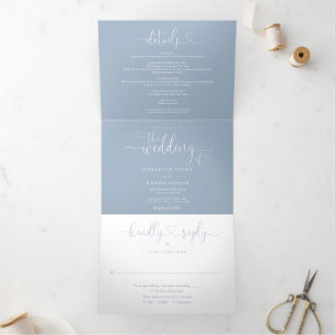 Dusty Blue Heart Script Wedding Tri-Fold Invitation