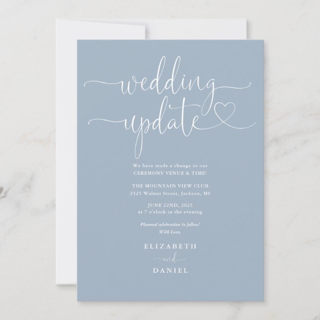 Dusty Blue Heart Script Wedding Update Invitation (Front)