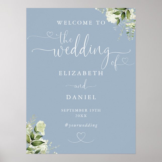 Dusty Blue Heart Script Wedding Welcome Sign (Front)