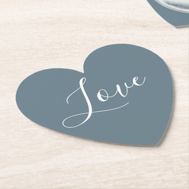 Dusty Blue Heart White Love Script Paper Coaster (Angled)
