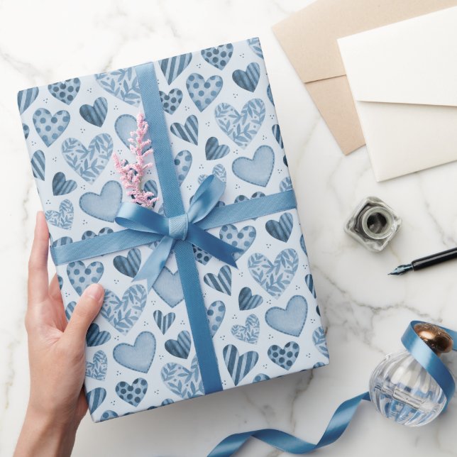 Dusty Blue Hearts Pattern Wrapping Paper Roll (Gifting)